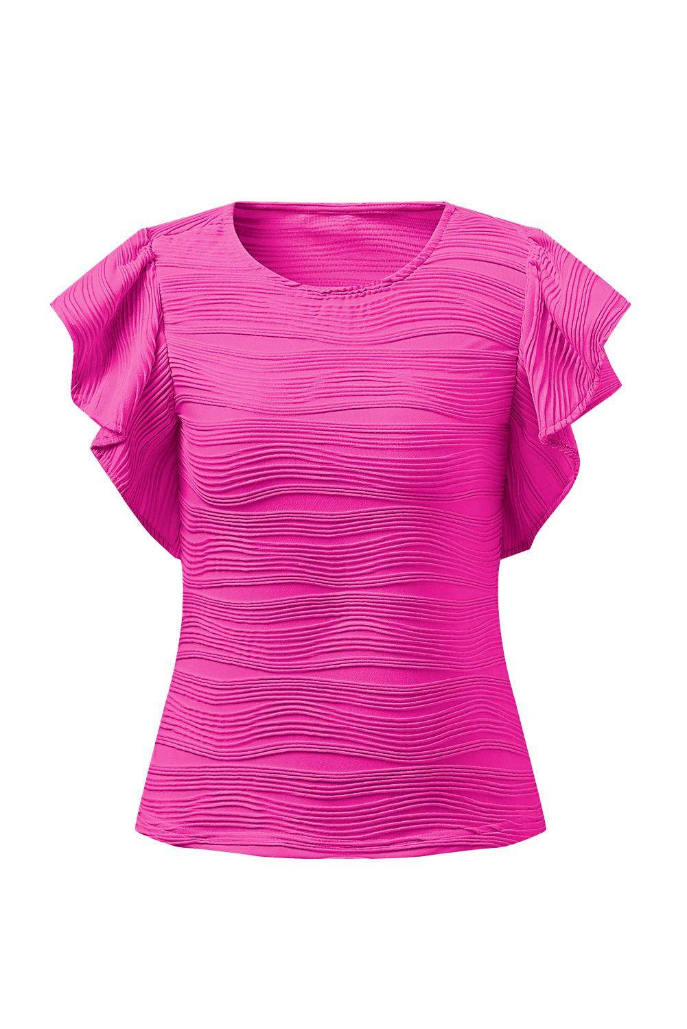 Textured Round Neck Cap Sleeve Top for Casual Style - Selvanelle