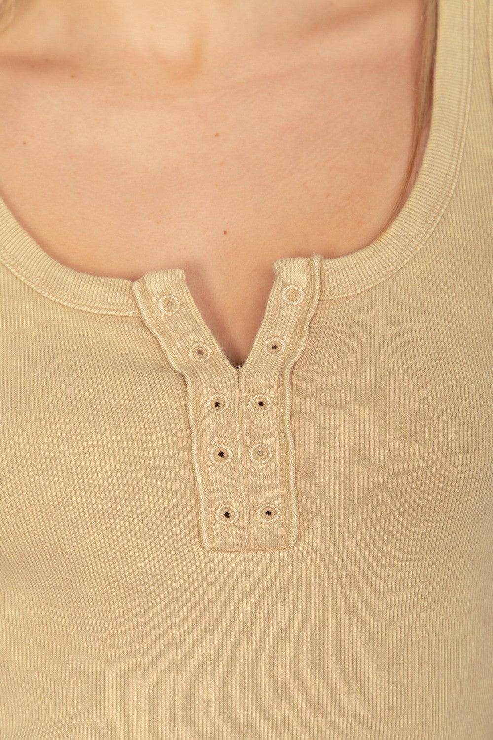 VERY J Washed Ribbed Tank with Placket Detail Top - Selvanelle