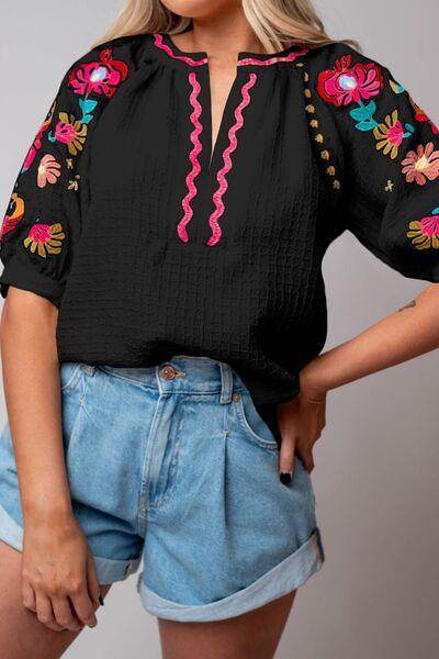 Floral Embroidered Notched Puff Sleeve Blouse for Women - Selvanelle
