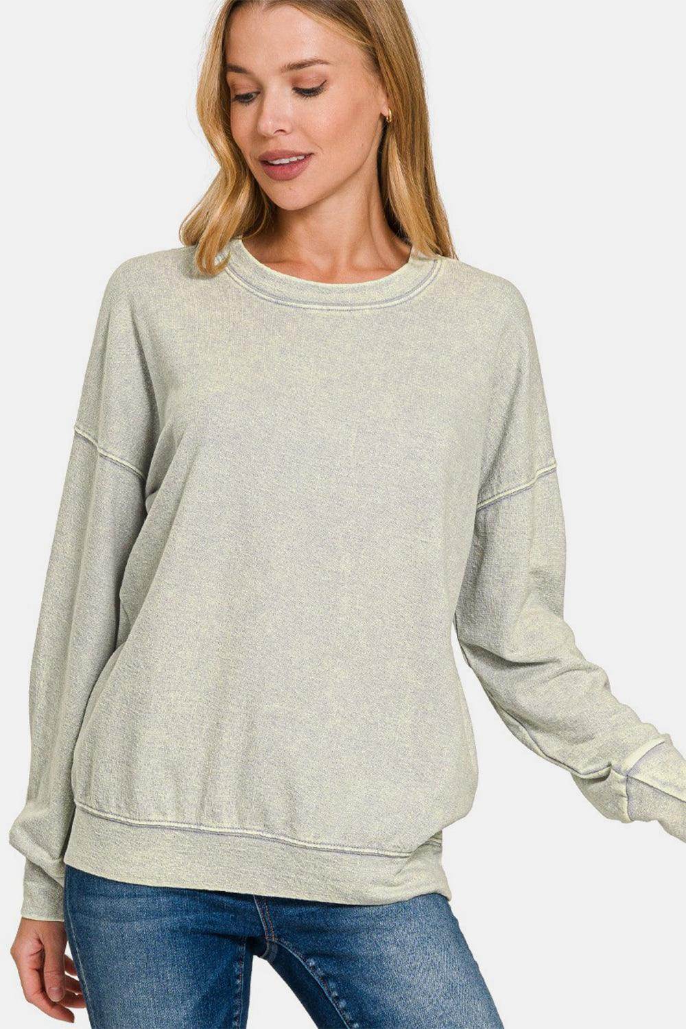 Zenana Washed Round Neck Dropped Shoulder Sweatshirt for Women - Selvanelle
