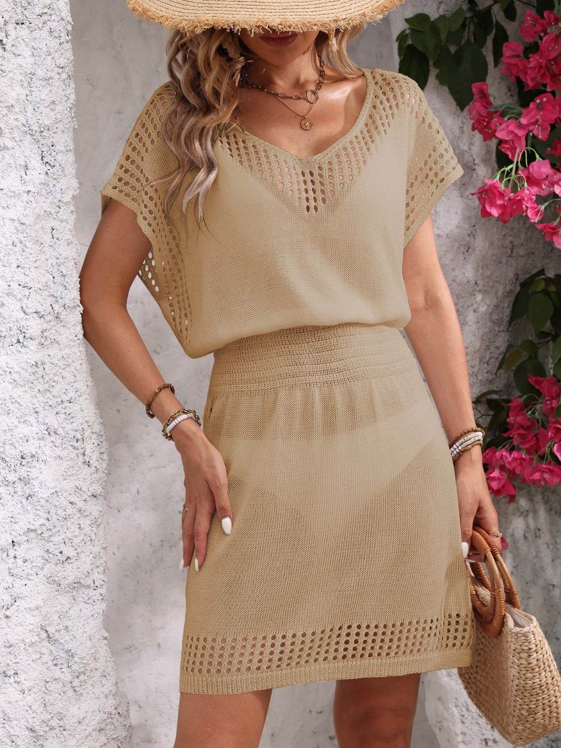 Openwork V-Neck Short Sleeve Cover-Up Dress - Selvanelle