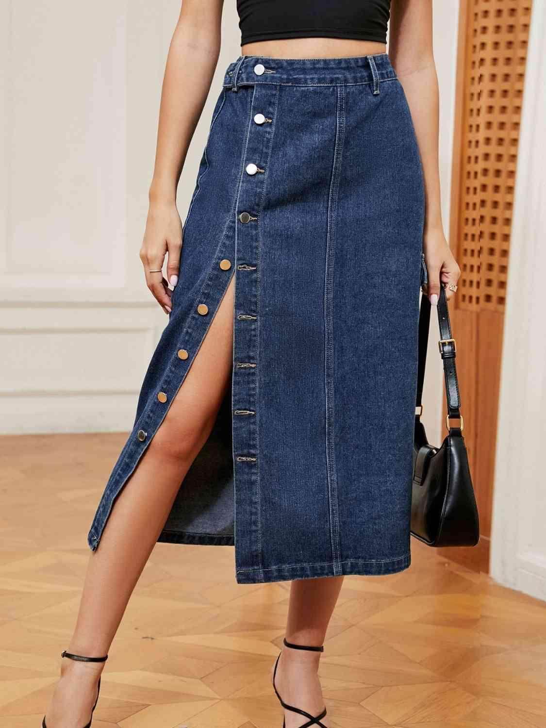 Button Down Midi Denim Skirt with Pockets and Button Detail - Selvanelle