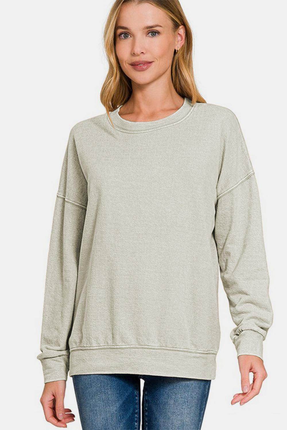 Zenana Washed Round Neck Dropped Shoulder Sweatshirt for Women - Selvanelle