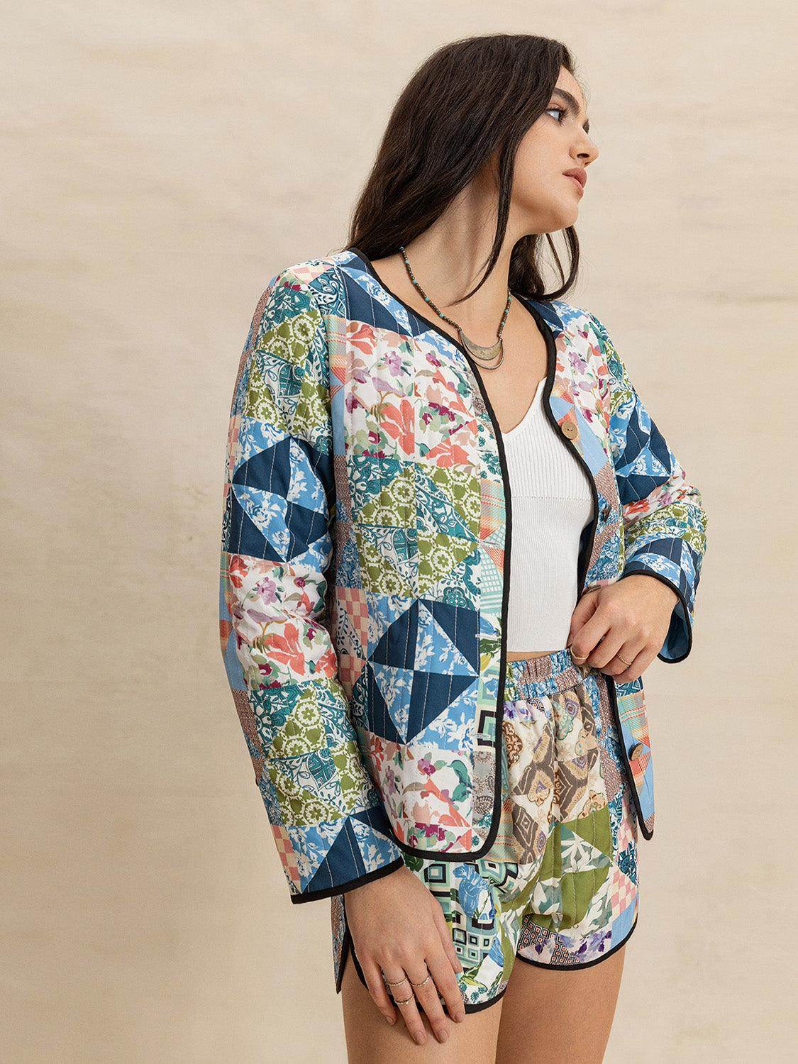 Printed Button Up Long Sleeve Outerwear and Shorts Set - Selvanelle