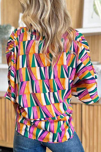 Double Take Full Size Geometric Notched Dolman Sleeve Top - Selvanelle