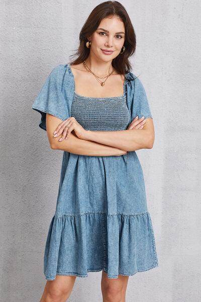Smocked Square Neck Mini Denim Dress for Women Stylish - Selvanelle