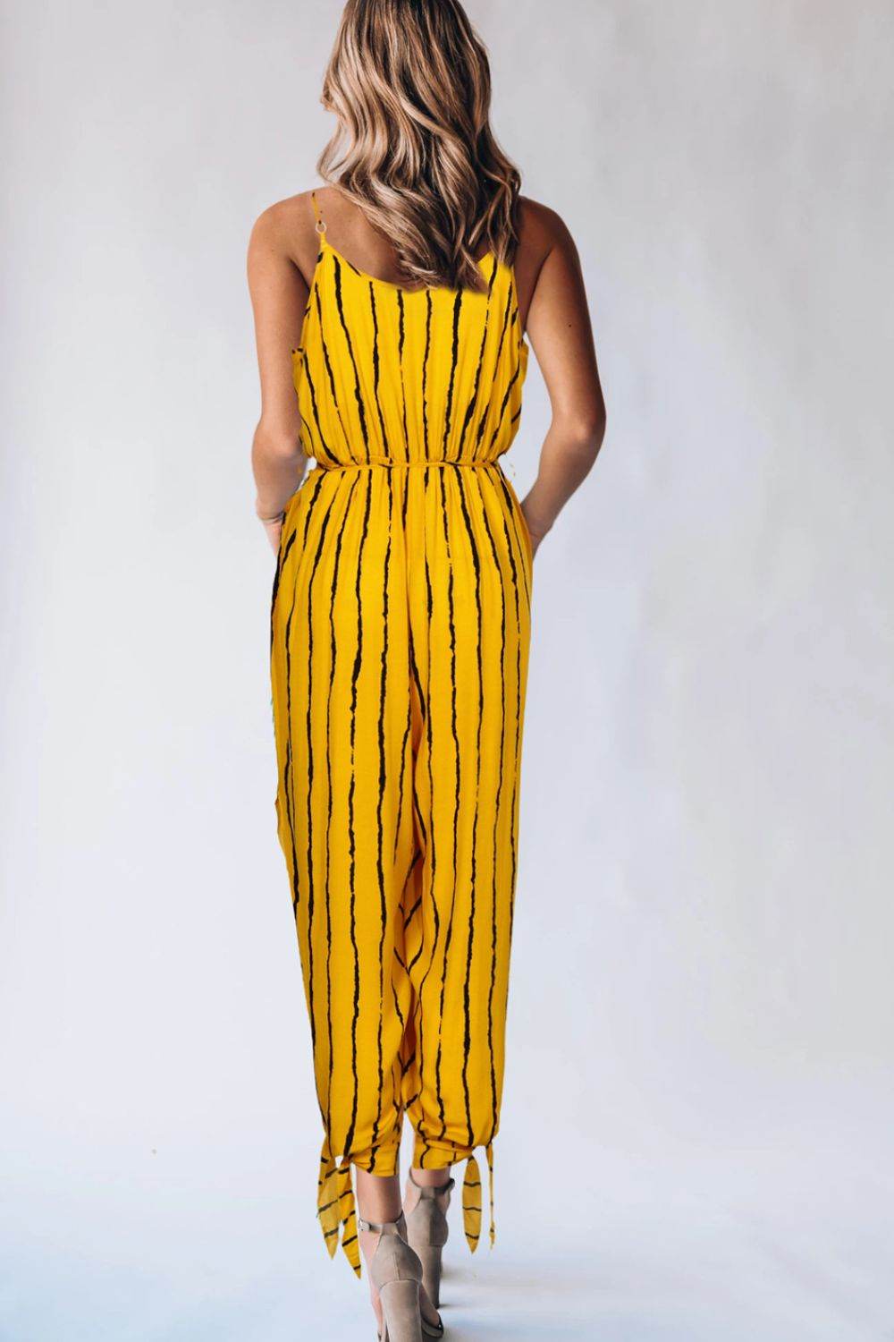 Striped Contrast Tie Ankle Spaghetti Strap Jumpsuit - Selvanelle