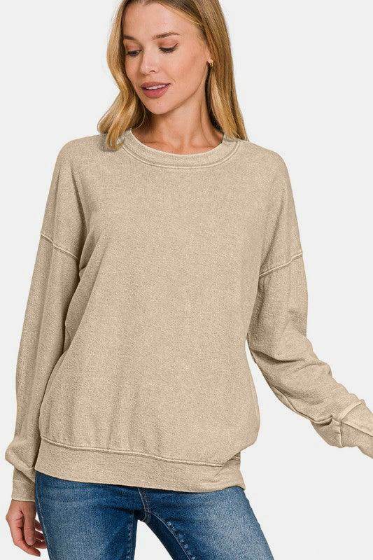 Zenana Washed Round Neck Dropped Shoulder Sweatshirt for Women - Selvanelle