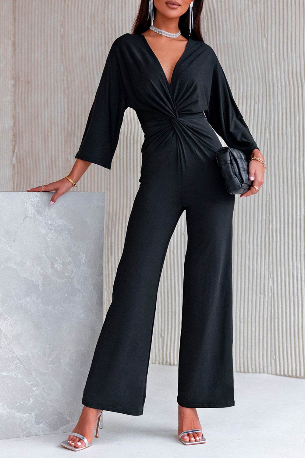 Twisted Plunge Three-Quarter Sleeve Jumpsuit - Selvanelle