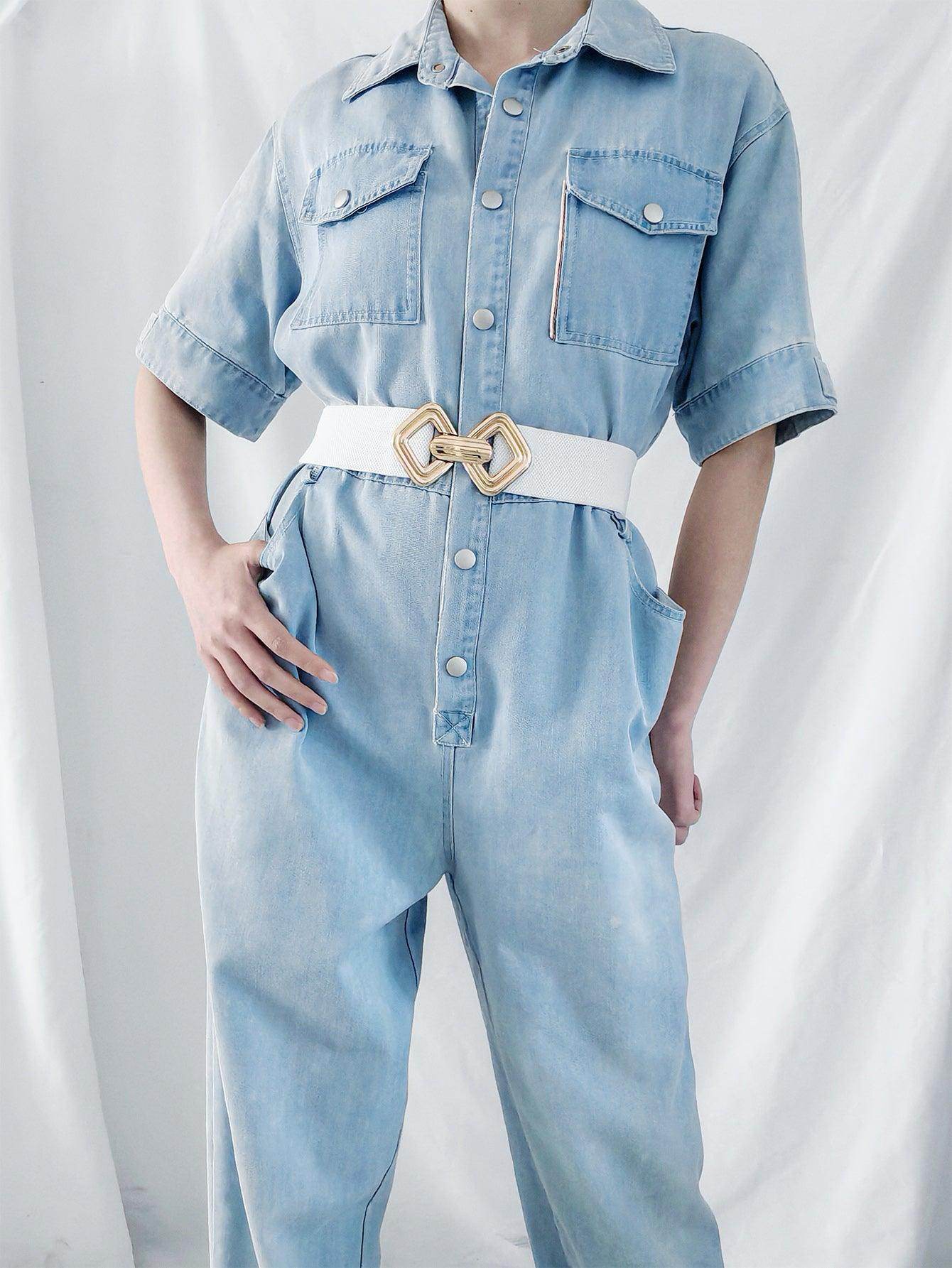 Geometric Buckle Elastic Wide Belt for Stylish Comfort - Selvanelle