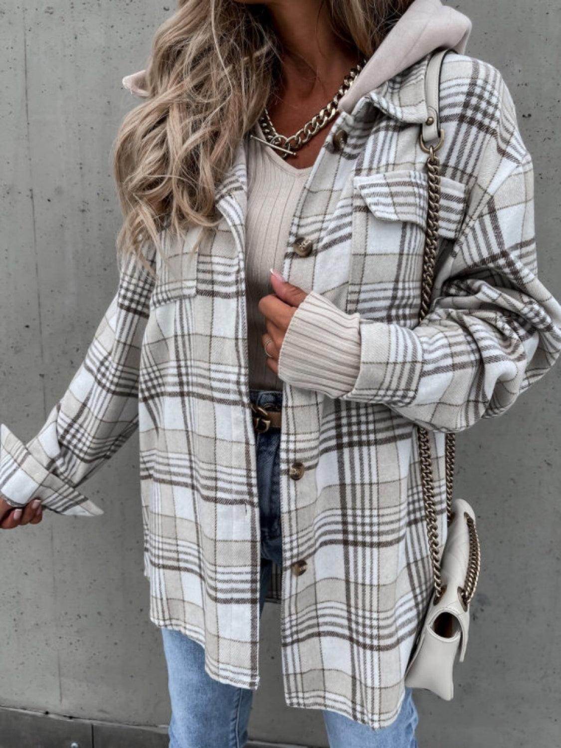 Plaid Dropped Shoulder Hooded Jacket for Casual Style - Selvanelle