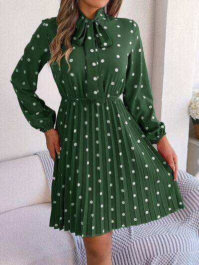 Polka Dot Tie Neck Pleated Dress for Stylish Occasions - Selvanelle