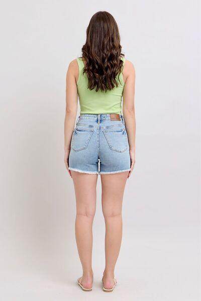Judy Blue Full Size Tummy Control Raw Hem Denim Shorts Plus Size - Selvanelle