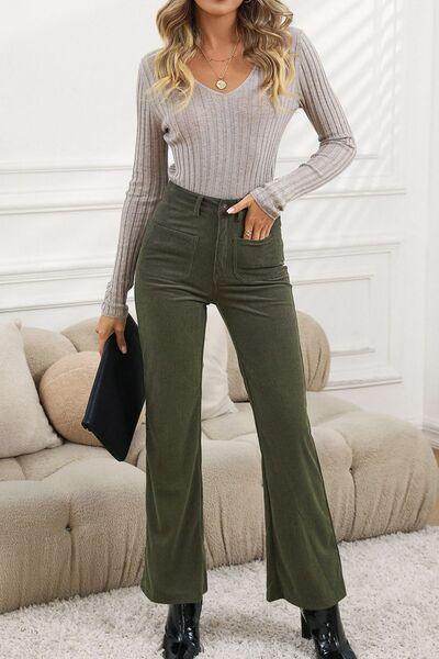 High Waist Square Pockets Corduroy Pants for Women - Selvanelle
