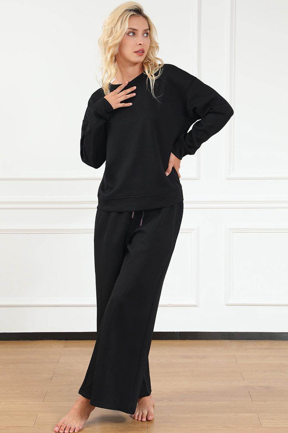 Double Take Full Size Textured Long Sleeve Top and Drawstring Pants Set for Women - Selvanelle