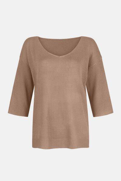 V-Neck Three-Quarter Sleeve Knit Top for Women Casual Wear - Selvanelle