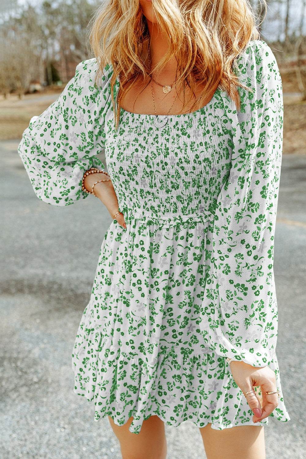 Smocked Floral Square Neck Balloon Sleeve Dress - Selvanelle