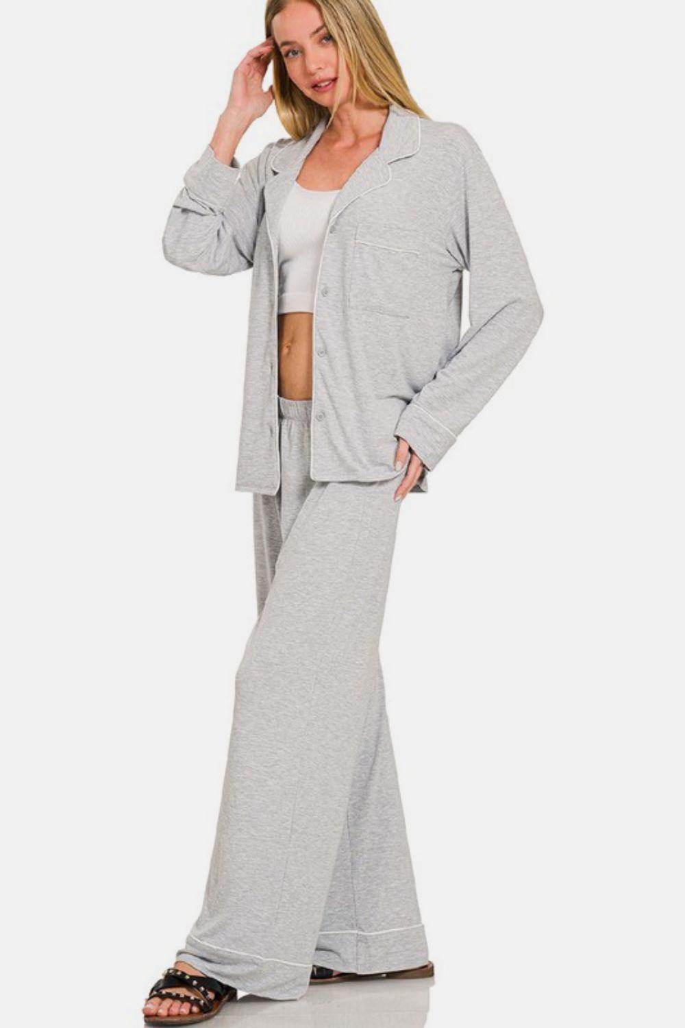 Zenana Button Down Long Sleeve Top and Pants Lounge Set - Selvanelle
