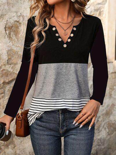 Notched Long Sleeve T-Shirt with Decorative Button Detail - Selvanelle