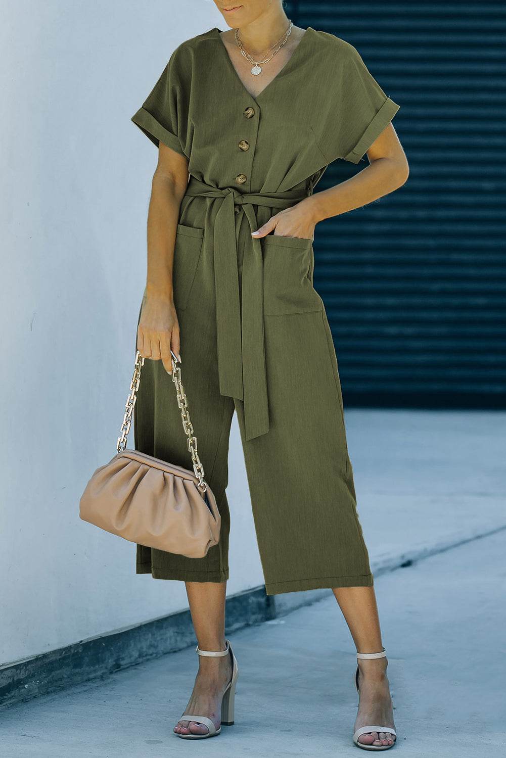 Tie-Waist Buttoned Cropped Jumpsuit - Selvanelle