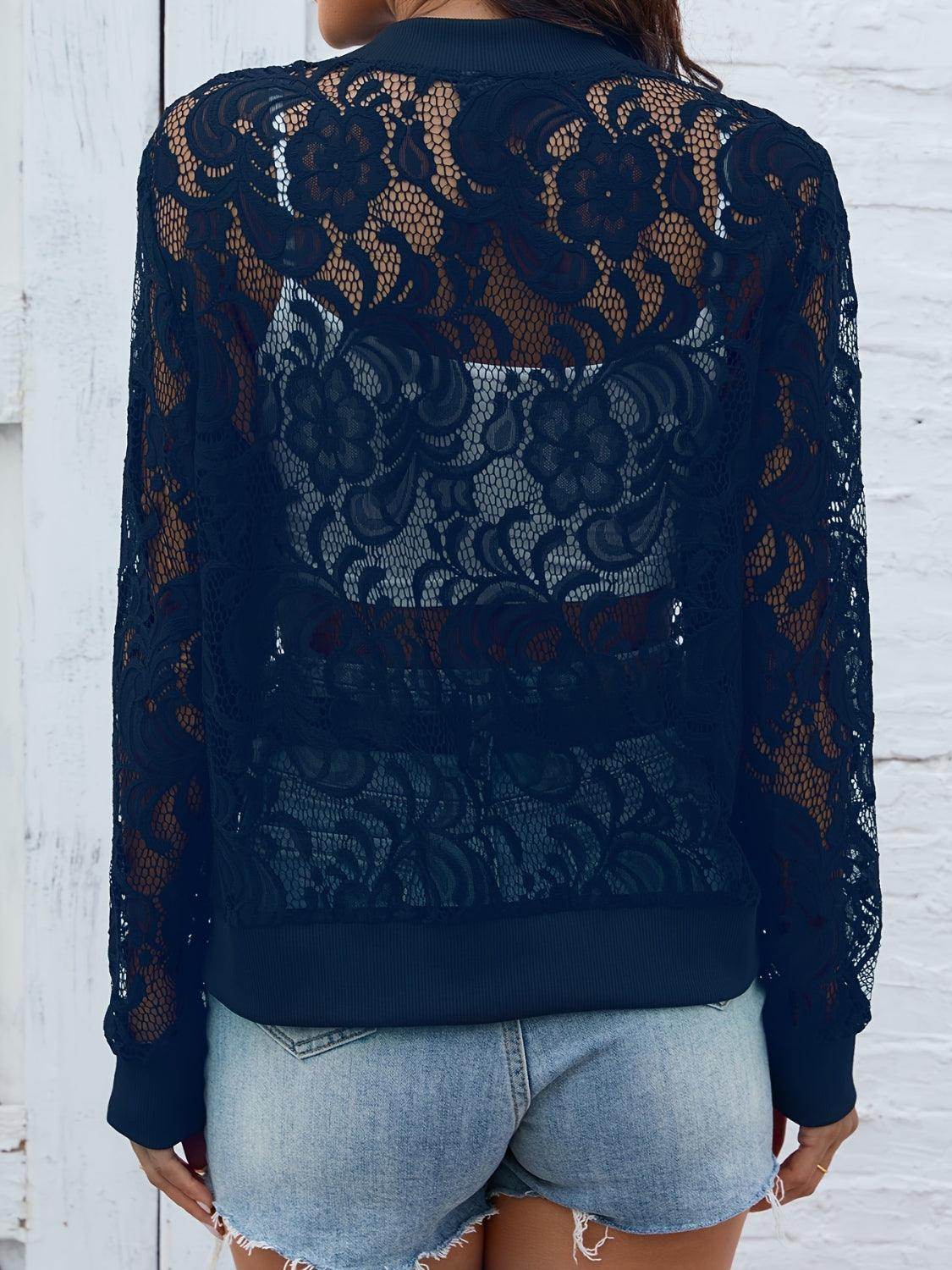 Sheer Lace Zip Up Long Sleeve Jacket for Women Fashion - Selvanelle