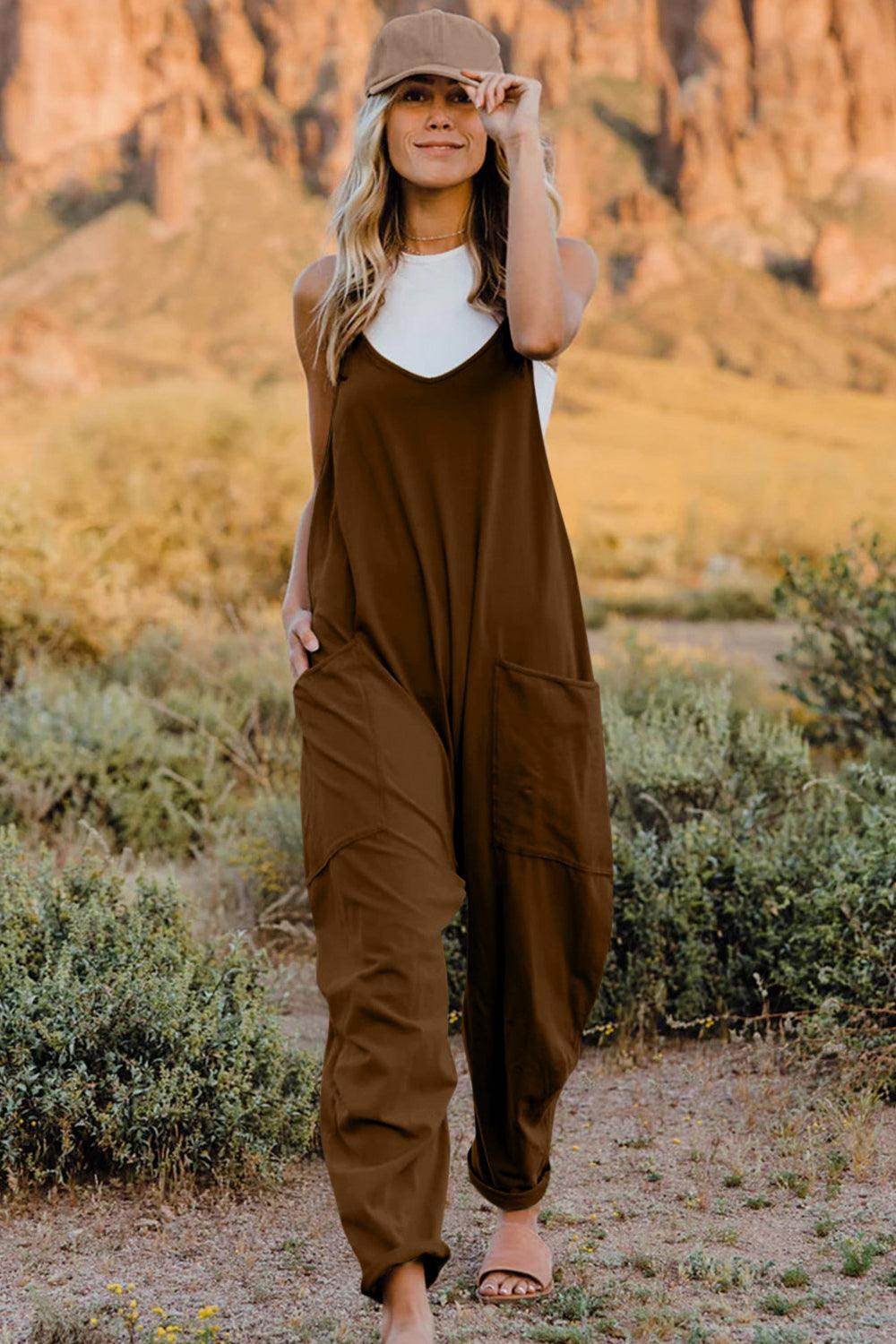 Double Take Full Size V-Neck Sleeveless Jumpsuit with Pockets - Selvanelle