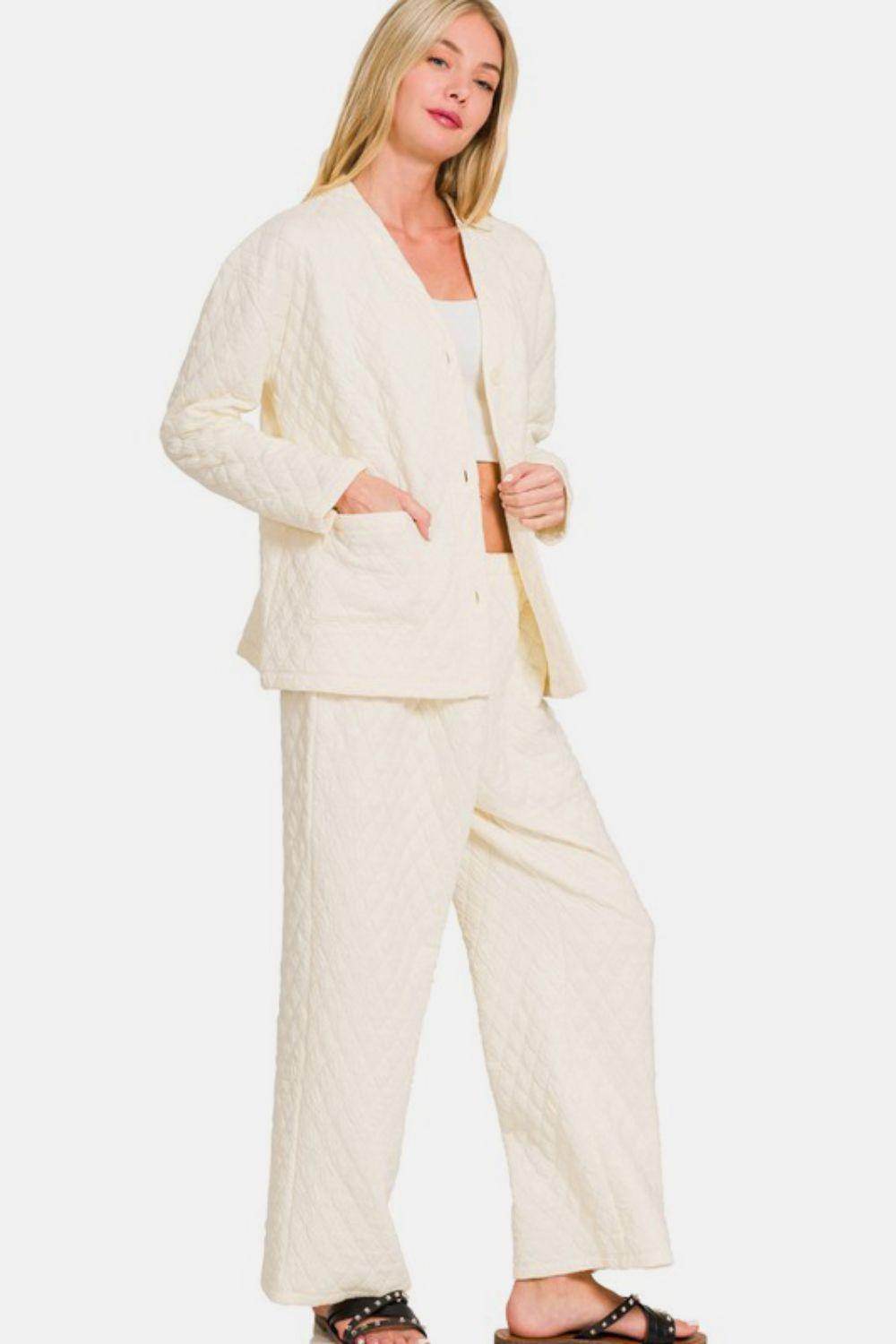 Zenana Quilted Button Up Long Sleeve Top and Pants Set - Selvanelle