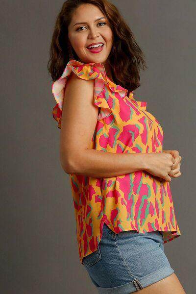 Umgee Full Size Abstract Print V-Neck Ruffle Sleeve Blouse - Selvanelle