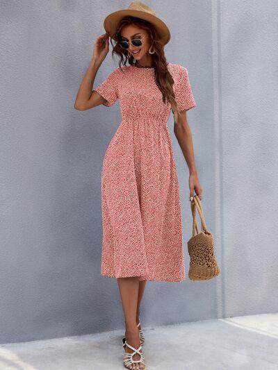 Honey Printed Round Neck Short Sleeve Midi Dress for Women - Selvanelle