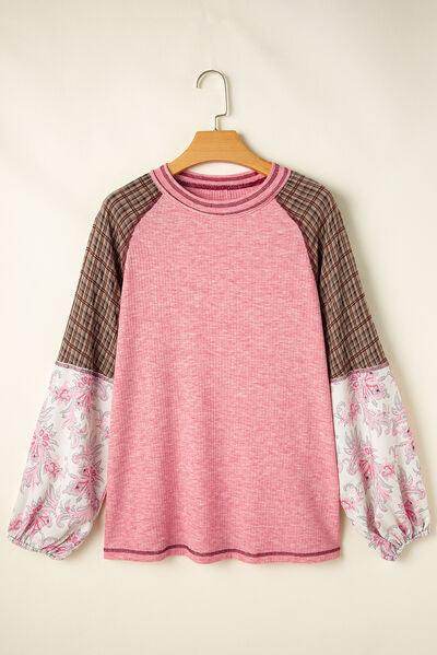 Plaid Floral Patchwork Round Neck Long Sleeve Top for Women - Selvanelle