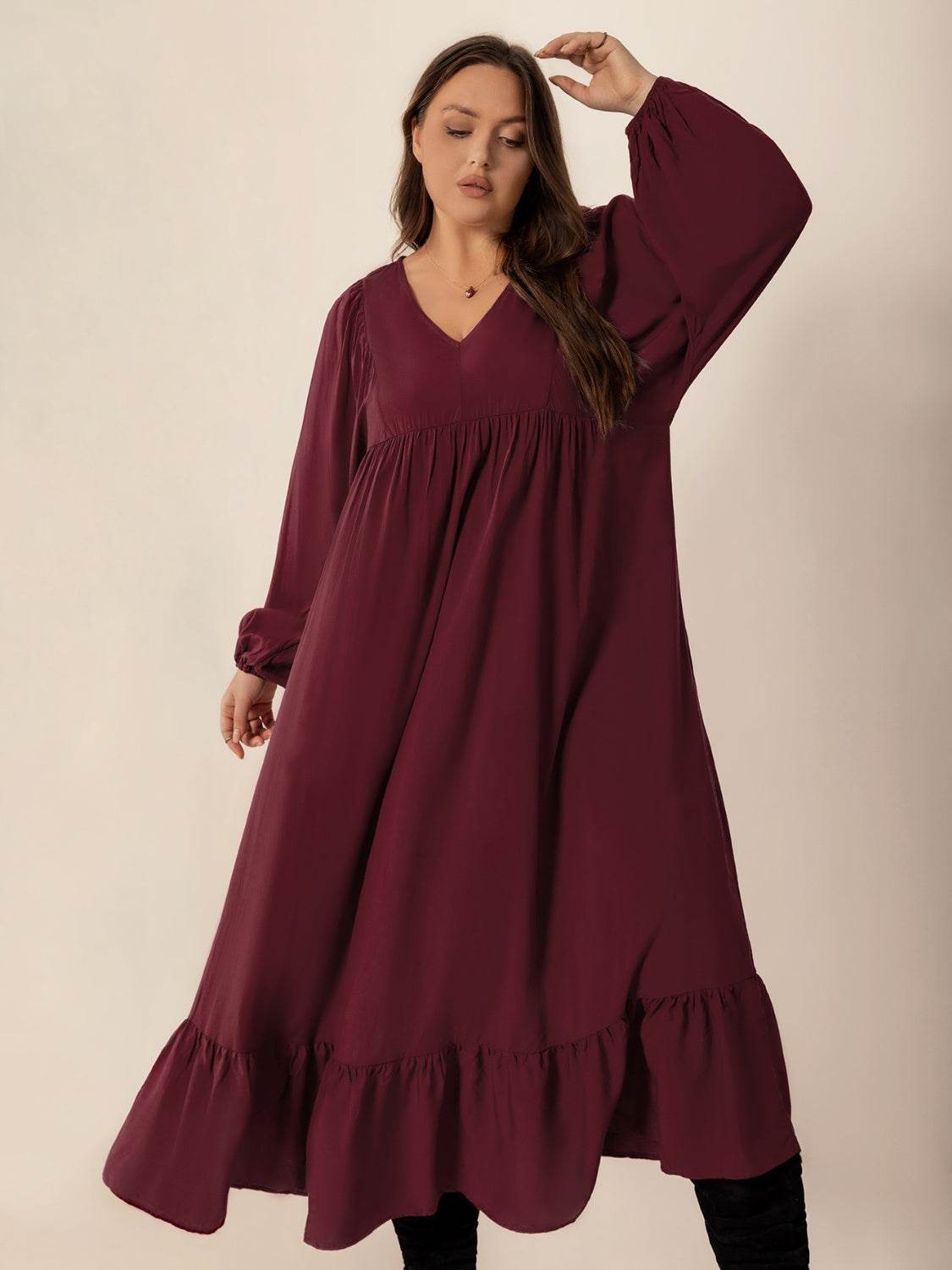Plus Size Ruffled Hem V-Neck Balloon Sleeve Dress - Selvanelle