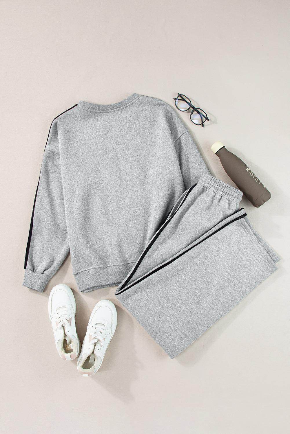 Side Striped Round Neck Top and Pants Active Set for Women - Selvanelle