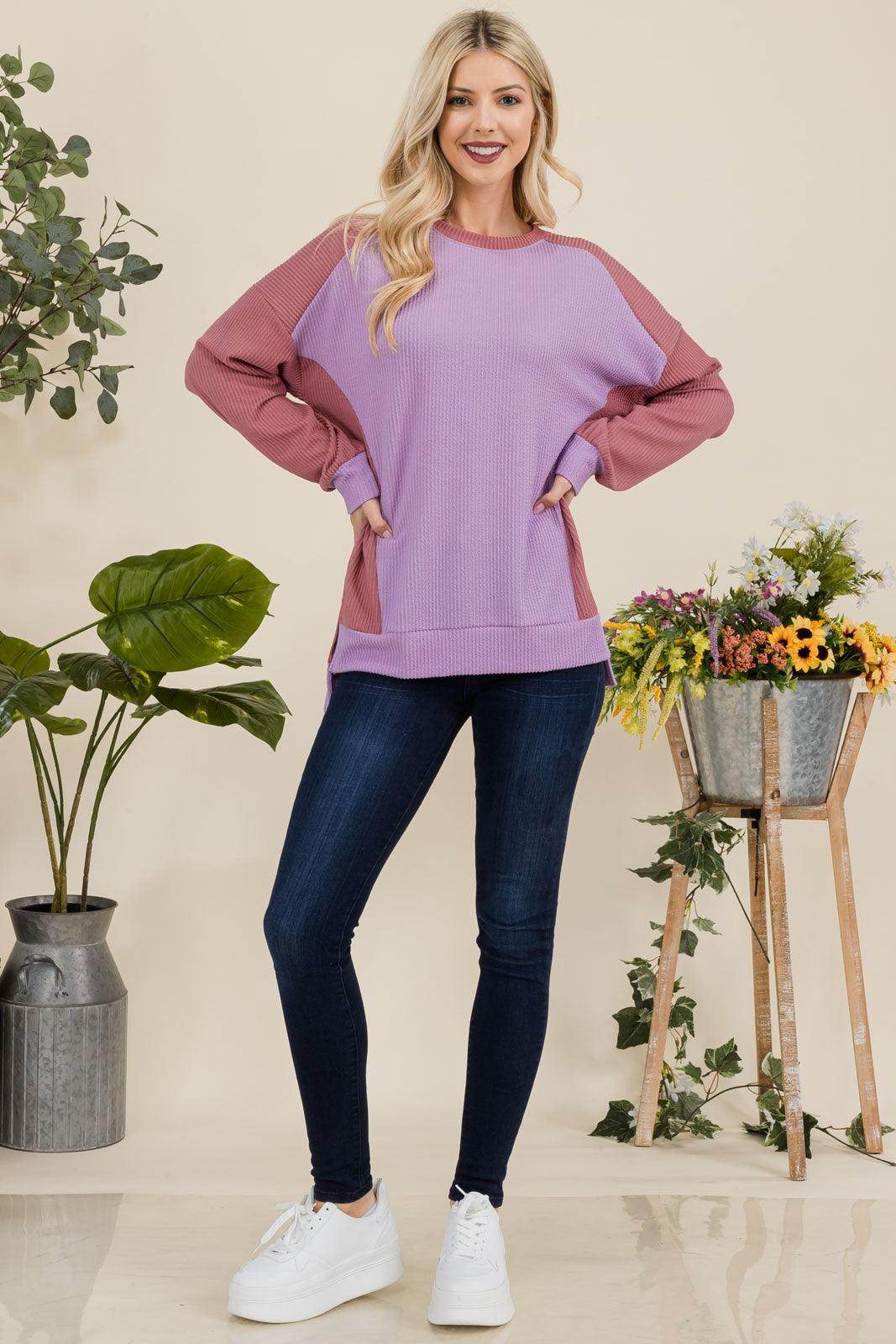 Celeste Full Size High-Low Contrast Round Neck Sweatshirt - Selvanelle