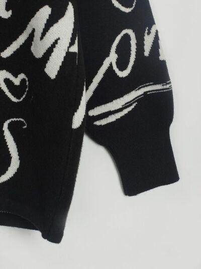 Drawstring Hem Letter Pattern Round Neck Dropped Shoulder Sweater - Selvanelle