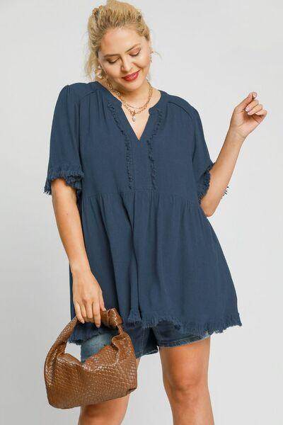 Umgee Full Size Raw Hem Notched Babydoll Linen Blouse Plus Size - Selvanelle