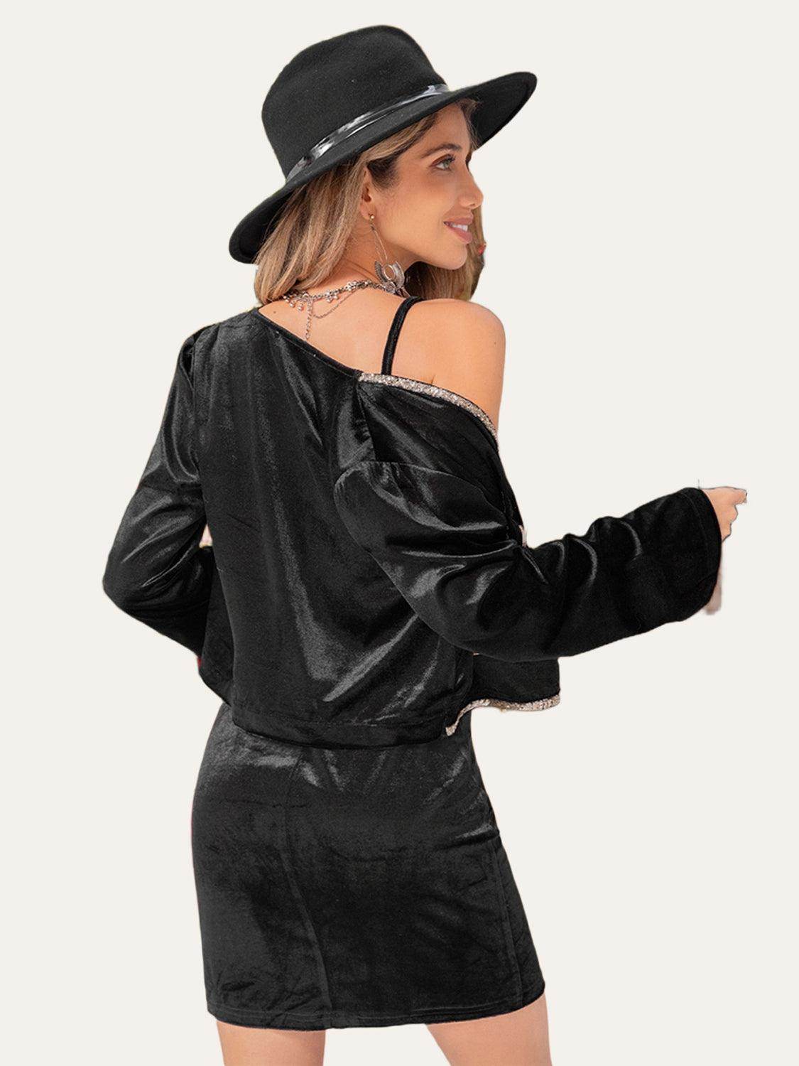 Embroidered Open Front Cardigan and Cami Dress Set for Women - Selvanelle