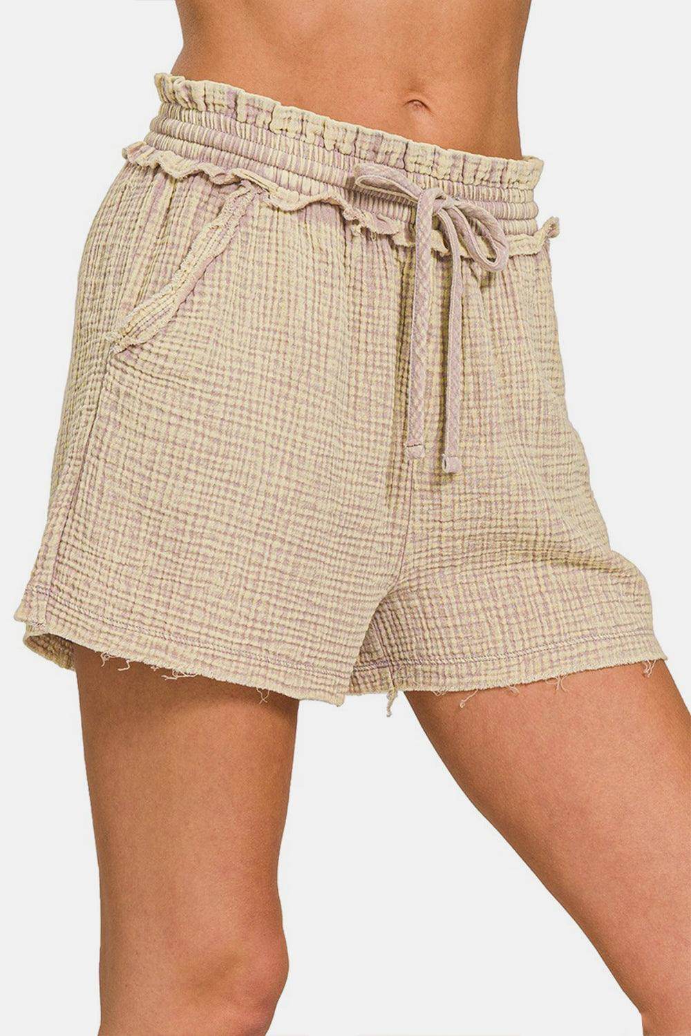 Zenana Washed Frayed Hem Drawstring Shorts for Summer Style - Selvanelle