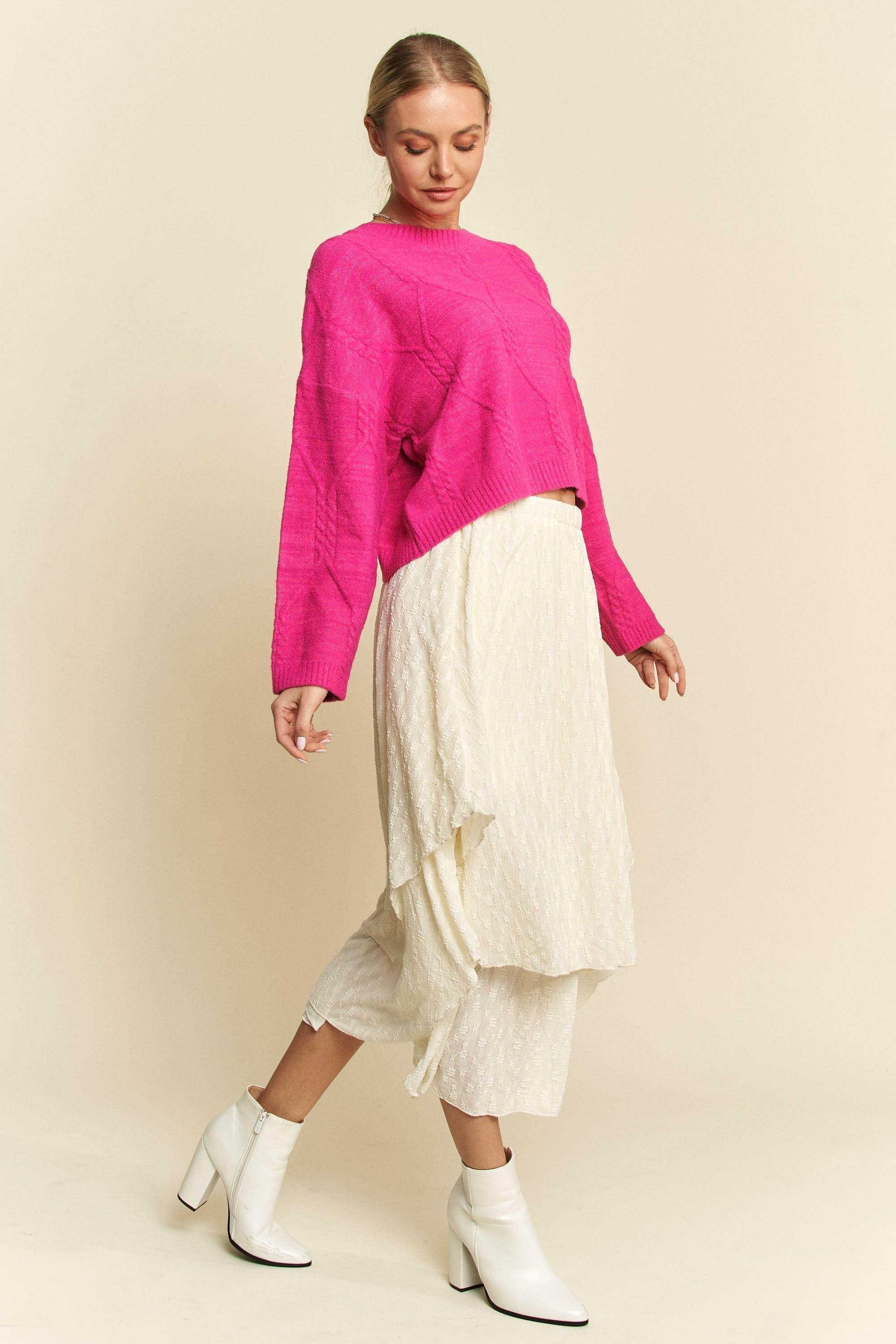 Davi & Dani Diamond Cable Pattern Drop Shoulder Sweater - Selvanelle