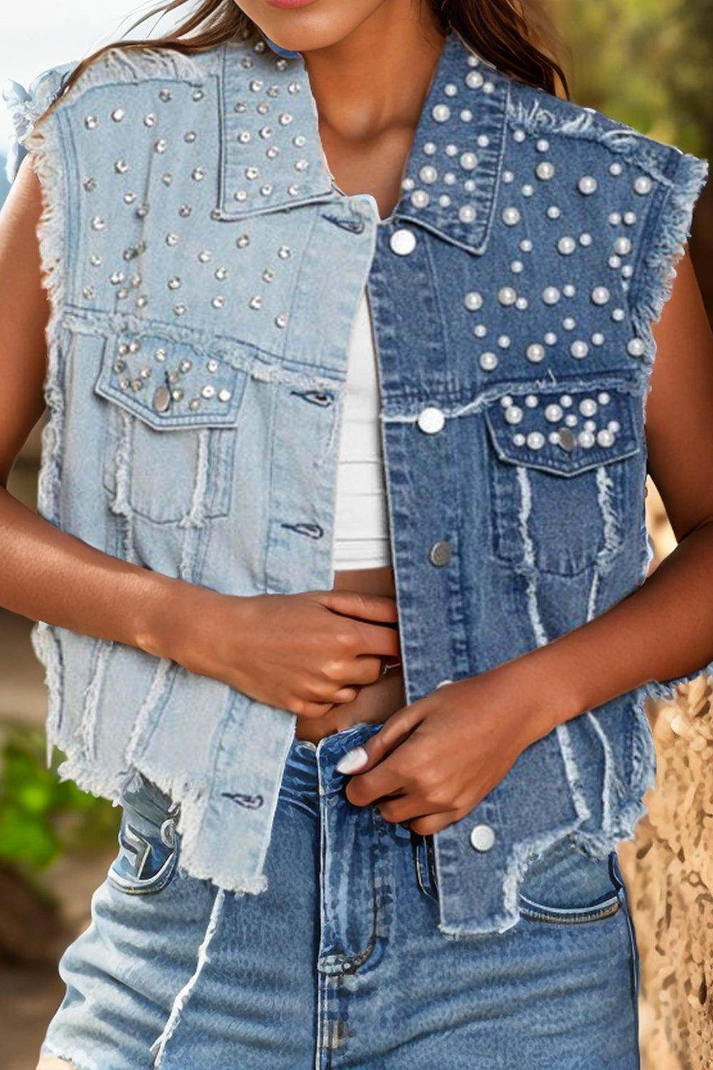 Pearl Raw Hem Sleeveless Denim Jacket for Women Stylish - Selvanelle