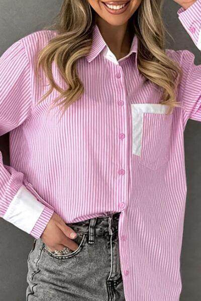 Striped Collared Neck Long Sleeve Shirt for Stylish Comfort - Selvanelle