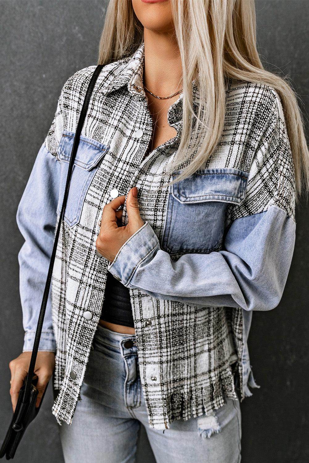 Plaid Pocketed Snap Down Denim Jacket for Stylish Comfort - Selvanelle