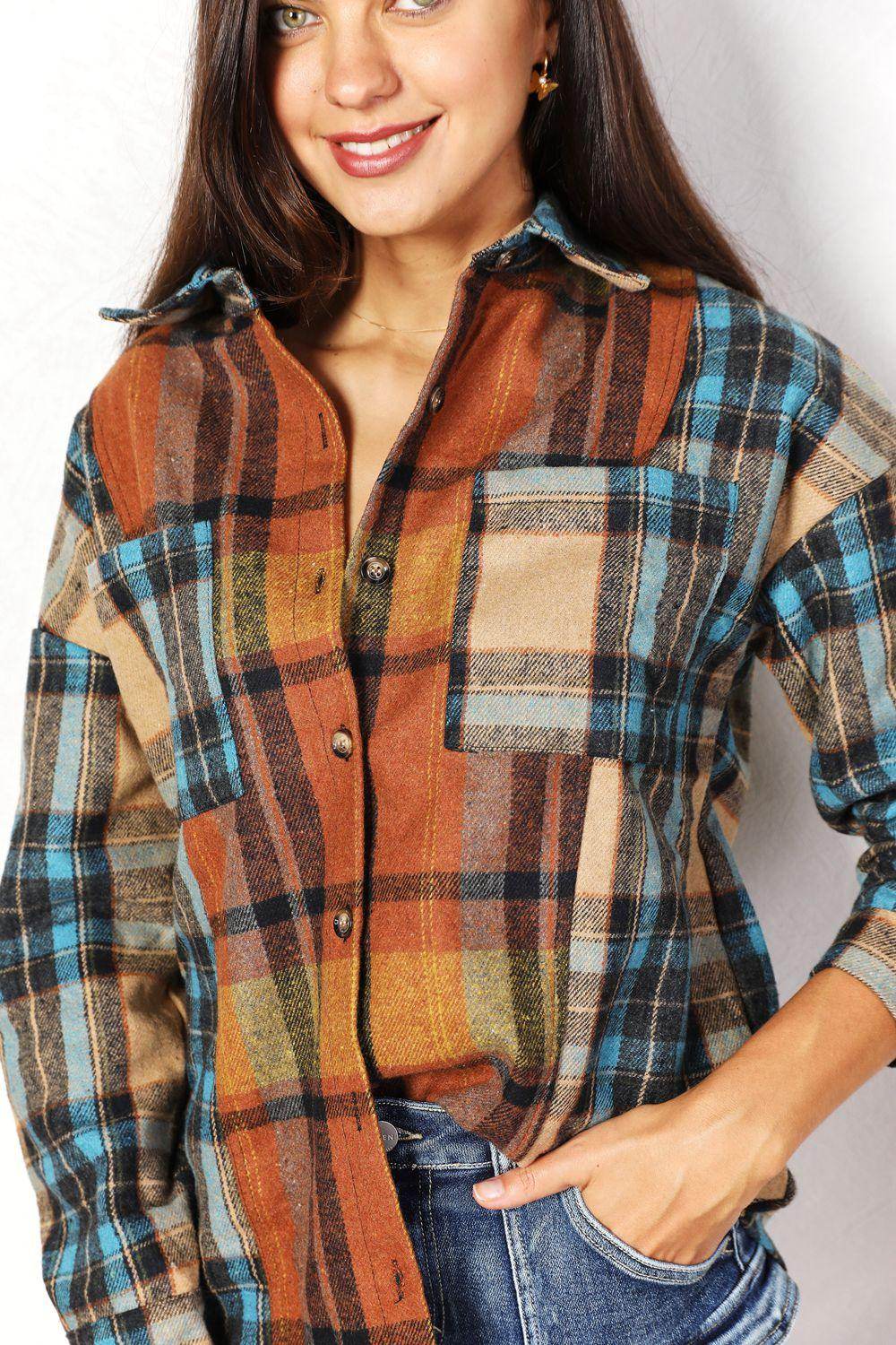 Double Take Plaid Curved Hem Shirt Jacket with Breast Pockets - Selvanelle