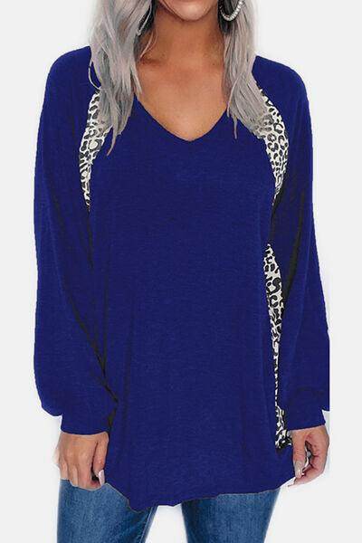 Full Size Leopard V-Neck Long Sleeve T-Shirt for Women - Selvanelle