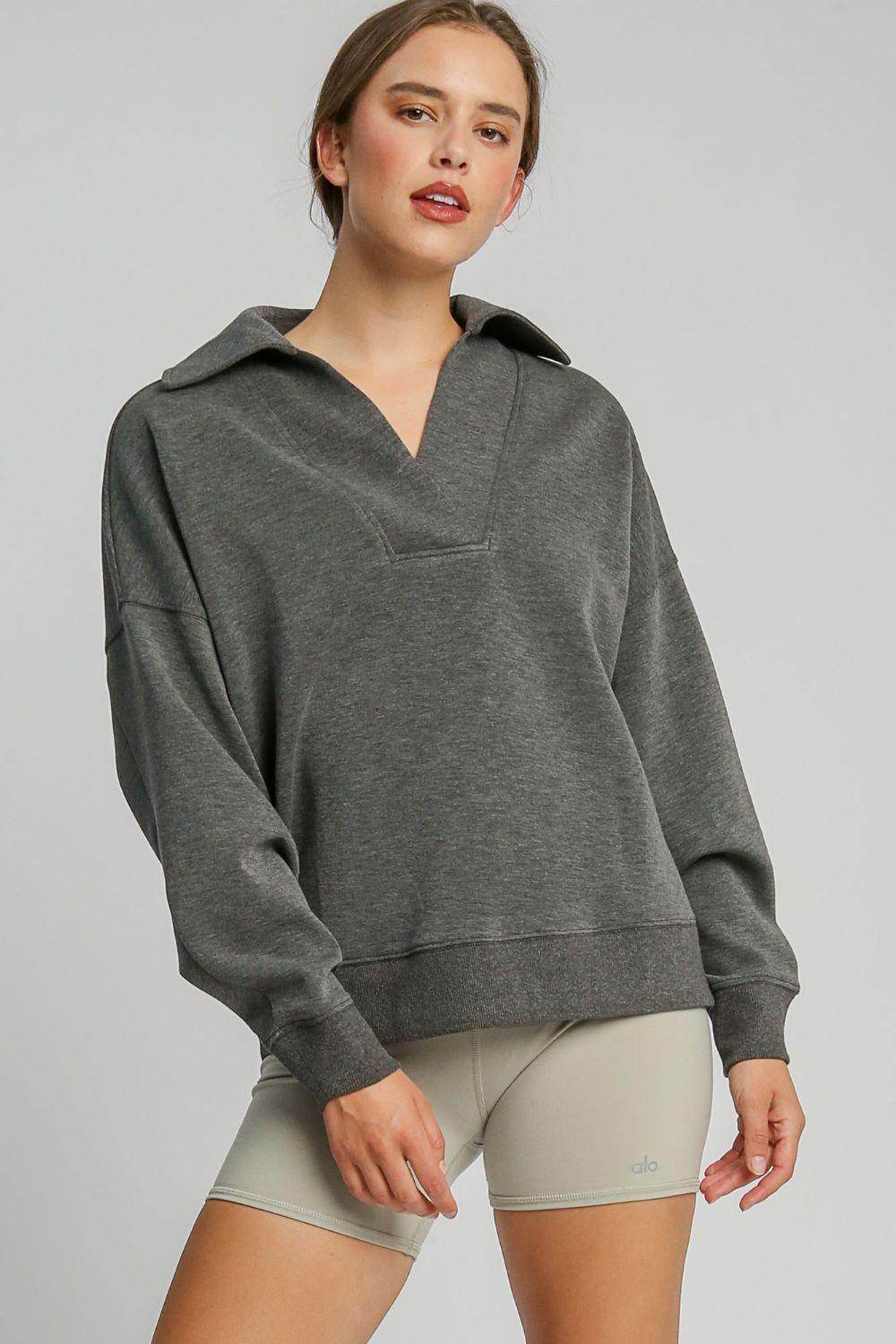 Umgee Johnny Collar Dropped Shoulder Sweatshirt for Women - Selvanelle