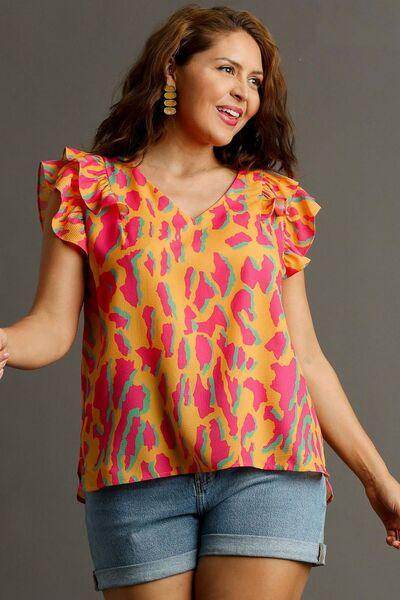 Umgee Full Size Abstract Print V-Neck Ruffle Sleeve Blouse - Selvanelle