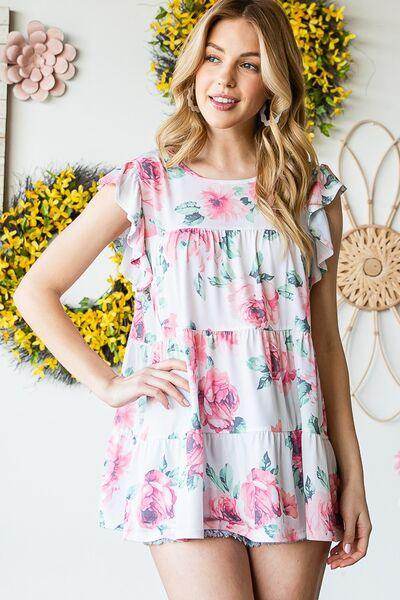 Heimish Full Size Butterfly Short Sleeve Floral Tiered Top - Selvanelle