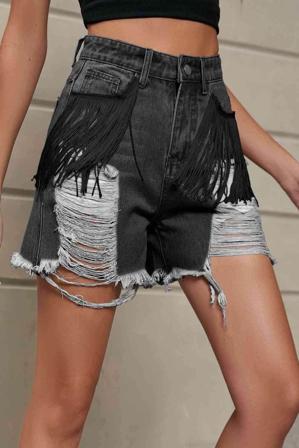 Fringe Trim Distressed Denim Shorts with Pockets for Women - Selvanelle