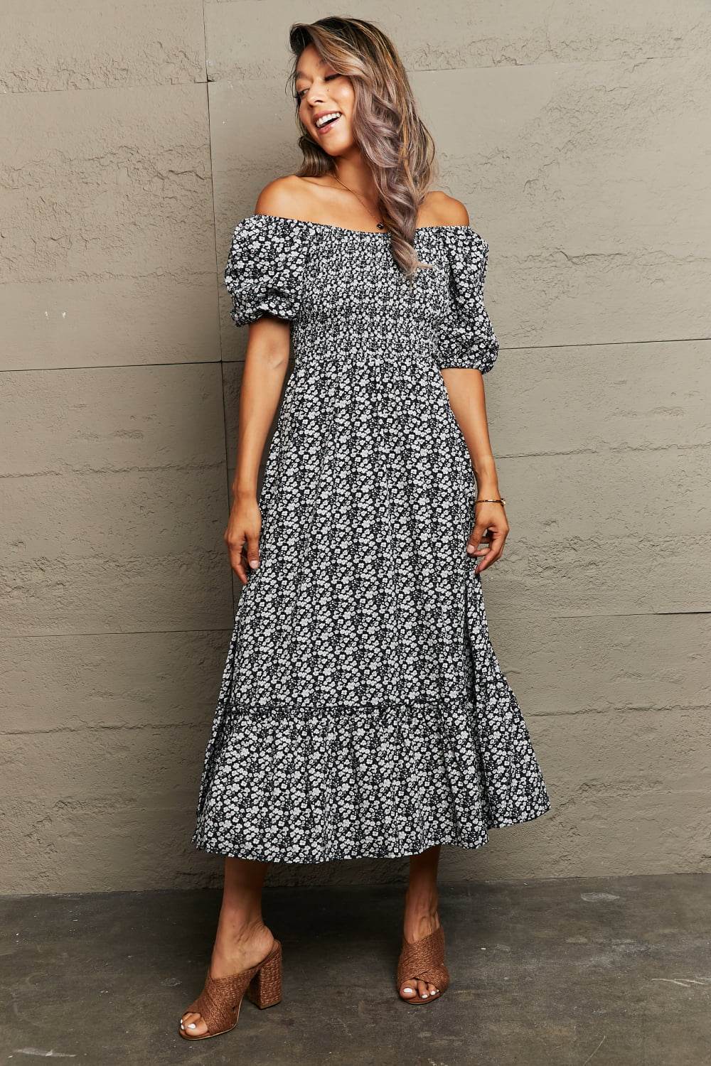 Perfee Floral Lace-Up Off-Shoulder Midi Dress - Selvanelle
