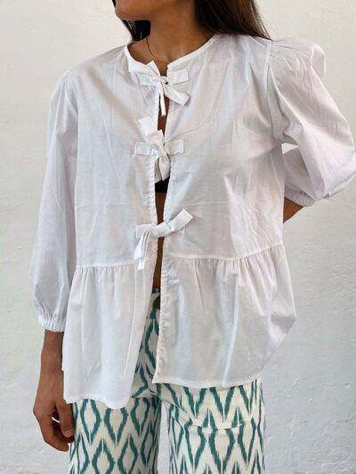 Tied Round Neck Balloon Sleeve Shirt for Stylish Look - Selvanelle