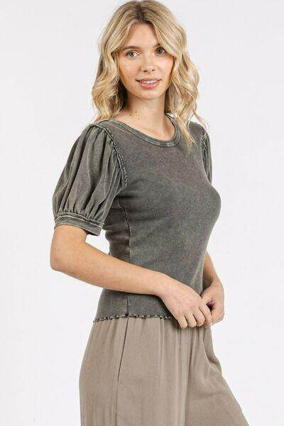Mittoshop Mineral Wash Puff Sleeve Rib Knit Top for Women - Selvanelle